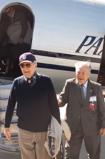 Peter Goutiere and Moon Chin, 102, are the only two living pilots from the China National Aviation Corp. service in World War II. The two greeted each other warmly at a CNAC reunion in San Francisco on September 5.