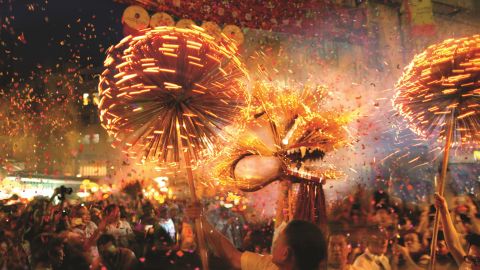 The Tai Hang fire dragon dance is performed in Hong Kong. 