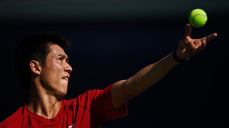 He's big in Japan.....Kei Nishikori serves during a U.S. Open practice session in September. The Japanese reached his first grand slam final at Flushing Meadow.