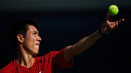 Kei Nishikori of Japan serves during a practice session on Day Eleven of the 2014 US Open at the USTA Billie Jean King National Tennis Center on September 3, 2014 in the Flushing neighborhood of the Queens borough of New York City.