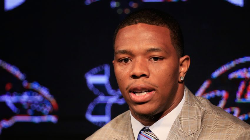 OWINGS MILLS, MD - MAY 23:  Running back Ray Rice of the Baltimore Ravens addresses a news conference with his wife Janay (not pictured) at the Ravens training center on May 23, 2014 in Owings Mills, Maryland. Rice spoke publicly for the first time since facing felony assault charges stemming from a February incident involving Janay at an Atlantic City casino.  (Photo by Rob Carr/Getty Images)