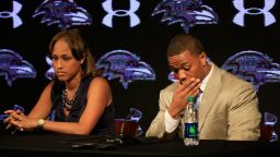 OWINGS MILLS, MD - MAY 23:  Running back Ray Rice of the Baltimore Ravens pauses while addressing a news conference with his wife Janay at the Ravens training center on May 23, 2014 in Owings Mills, Maryland. Rice spoke publicly for the first time since facing felony assault charges stemming from a February incident involving Janay at an Atlantic City casino.  (Photo by Rob Carr/Getty Images)