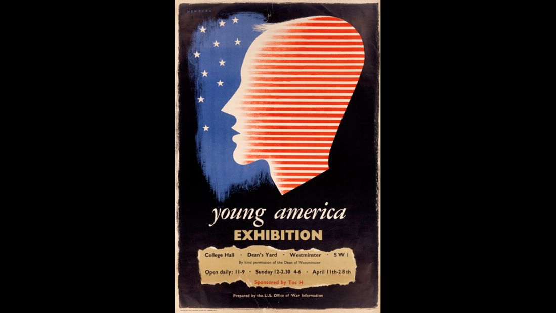 Though FHK Henrion was born in Germany, he spent most of his life in England. Like Games and Eckersley, he relied on the creative use of images and minimal text. This 1942 poster for the U.S. Office of War Information's Young American exhibition in London is a prime example. 