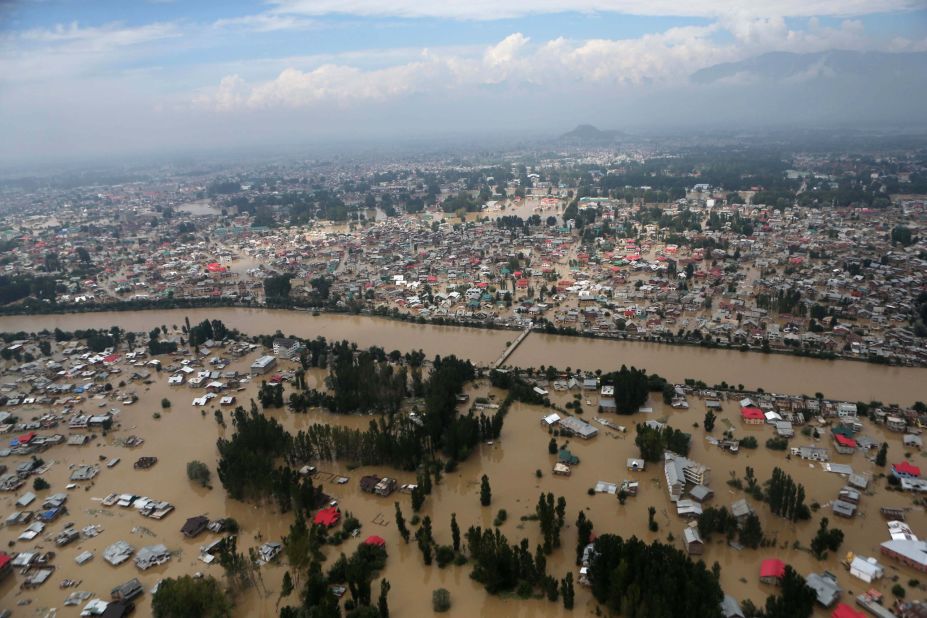 Buildings in Srinagar are submerged in floodwaters on September 9.