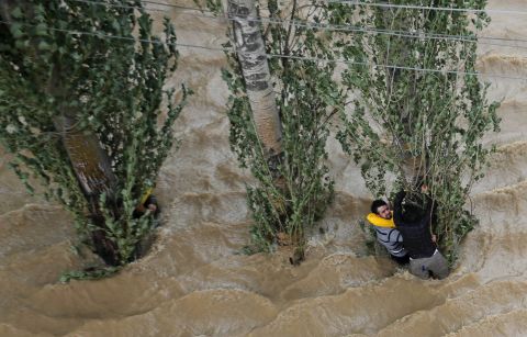 People in Srinagar hang onto a tree to prevent being swept away by floodwaters on September 9.