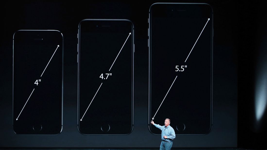 Schiller talks about the new iPhones. The iPhones have curved edges and bigger screens that measure 4.7 inches and 5.5 inches, up from just four inches on the iPhone 5S.