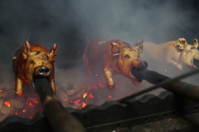 While strictly speaking a suckling pig, or babi guling, should still be feeding on its mother's milk, in Bali the pigs used in this popular dish can weigh around 70 kilograms.