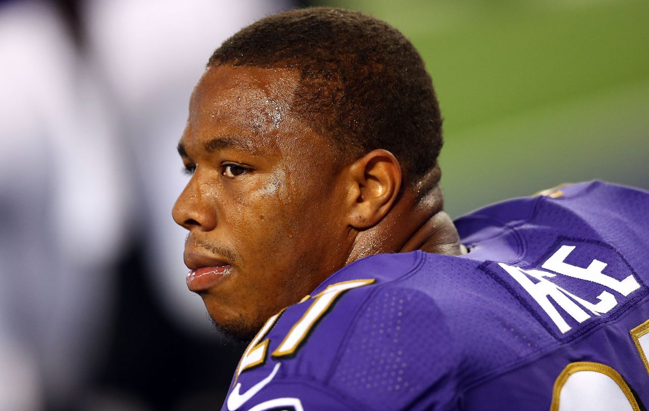 Running back Ray Rice was cut by the NFL's Baltimore Ravens and suspended indefinitely by the league in 2014. Those measures came after video from a casino elevator showed he delivered a knockout punch to his then-fiancee and current wife, Janay. Prior to the revelation of the video, Rice was given only a two-game suspension by the league. Rice called his actions "inexcusable" in July. After his suspension, he sent a text to CNN stating, "I'm just holding strong for my wife and kid that's all I can do right now."