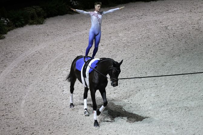 Frenchman Jacques Ferrari rides Poivre Vert in the Individual Men Vaulting Compulsory test of the 2014 World Equestrian Games in the French city of Caen.