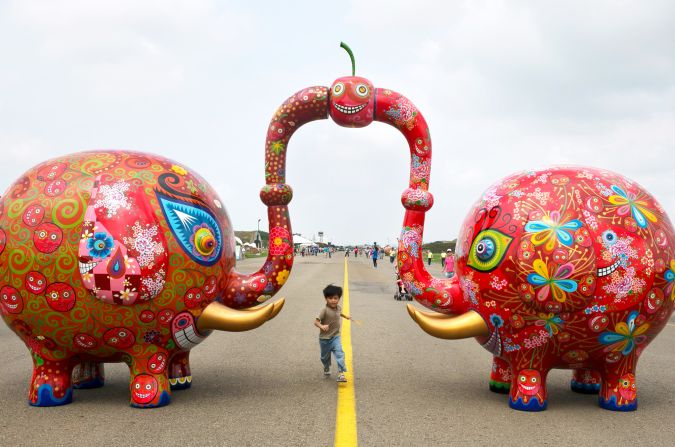 Other artists with works at the festival include Taiwan's Hung Yi. This is one of  20 works from his "Happy Animal Party" collection, in which elephant 3D sculptures have been covered in Hakka and Japanese printed clothing.