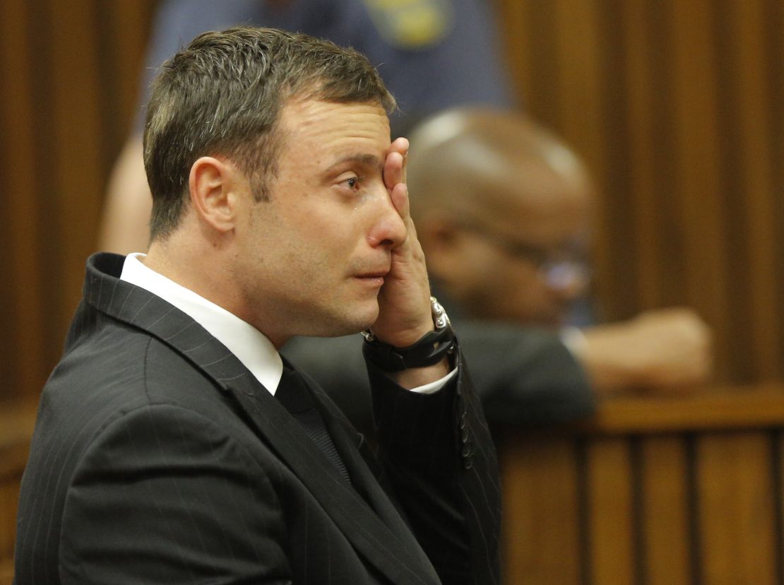 Oscar Pistorius cries during the verdict in his murder trial in Pretoria, South Africa.