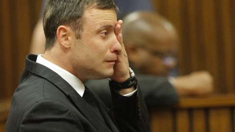Oscar Pistorius cries during the verdict in his murder trial in Pretoria, South Africa.
