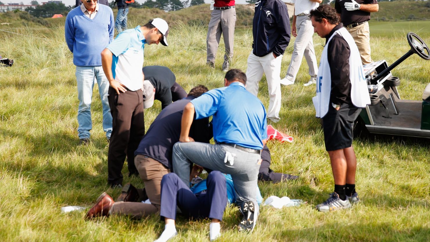 Play had to be stopped at the KLM Open in the Netherlands after golfer Fabrizio Zanotti was hit on the head by a ball. 