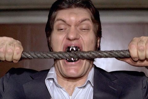 Here Jaws bites through a cable supporting an aerial tram in "Moonraker." His subsequent battle with Bond on the tram, above Rio de Janeiro, was one of the movie's highlights.