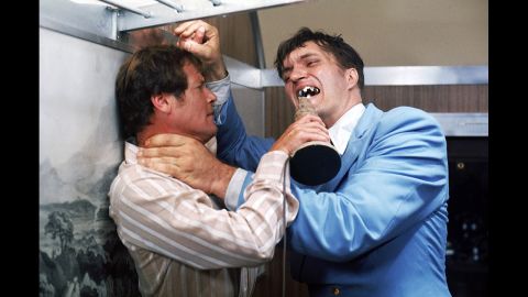 Richard Kiel, the hulking 7-foot actor whose metal-toothed assassin "Jaws" terrorized Roger Moore in two James Bond movies, died this week at age 74. Here he fights the British agent on a train in 1977's "The Spy Who Loved Me" before Bond zapped his teeth with a broken lamp.
