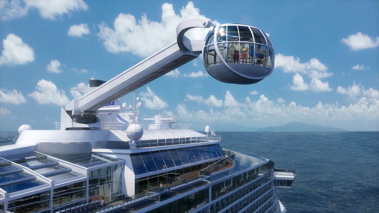 This Royal Caribbean Quantum of the Seas rendering features a space-age observation capsule.
