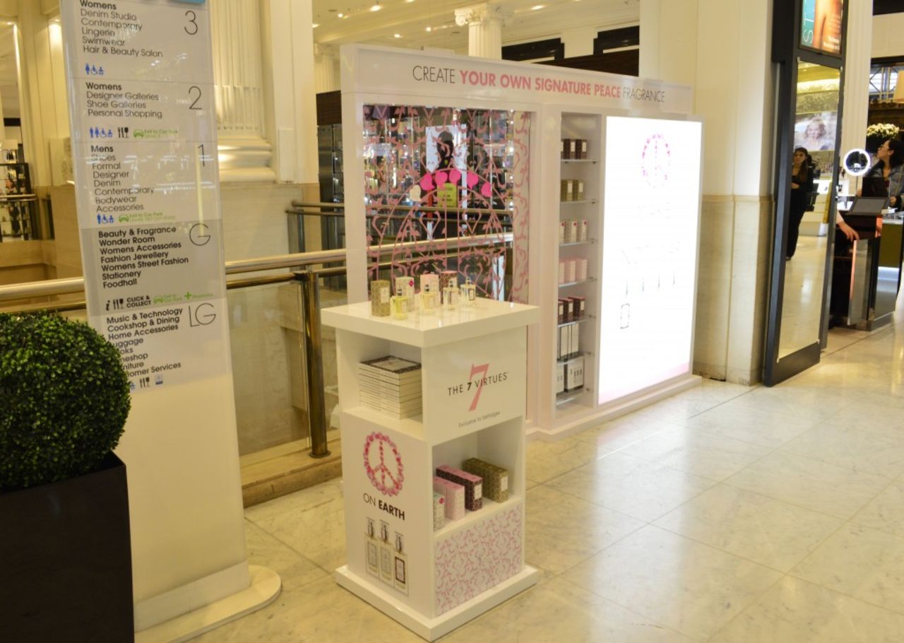 7 Virtues stand in Selfridges department store, London, ahead of September launch of "Patchouli of Rwanda". 