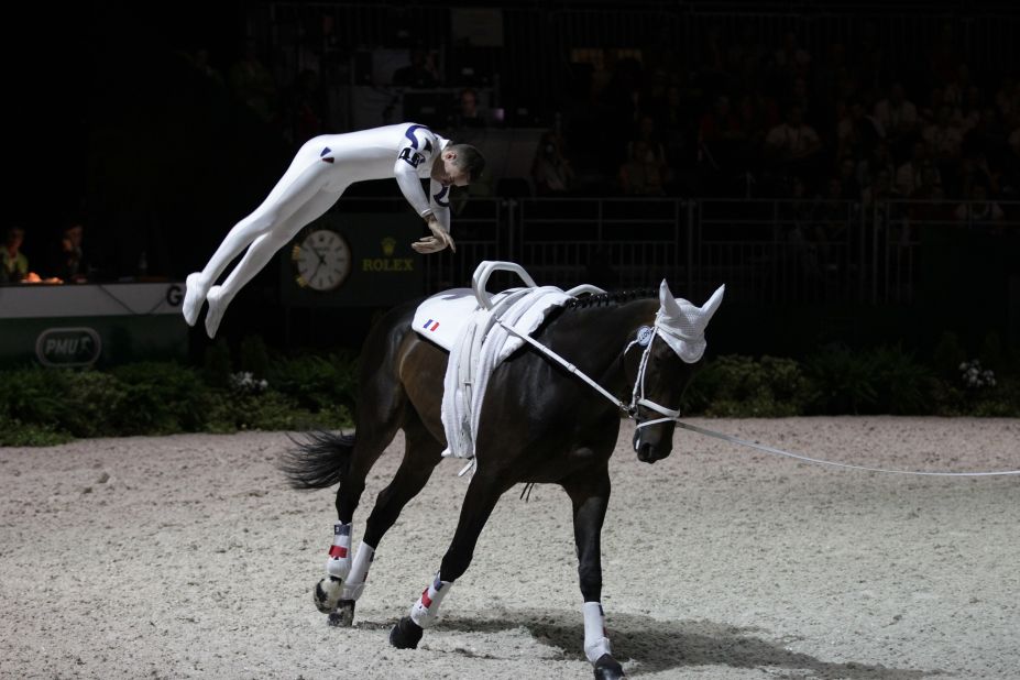 French rider Vincent Haennel shows off some breathtaking moves during the vaulting, which is essentially gymnastics on the back of a horse, a sport where athletes clad head-to-toe in spandex perform handstands, leaps, and cartwheels on top of an animal  cantering in a 20-metre circle.