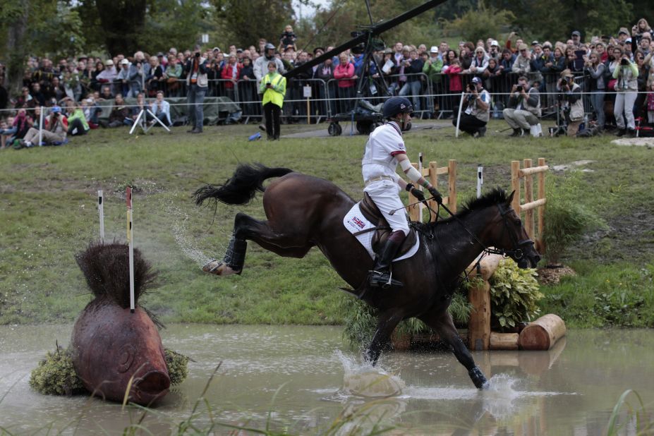 British rider Harry Meade dives in the deep end during the cross-country category.