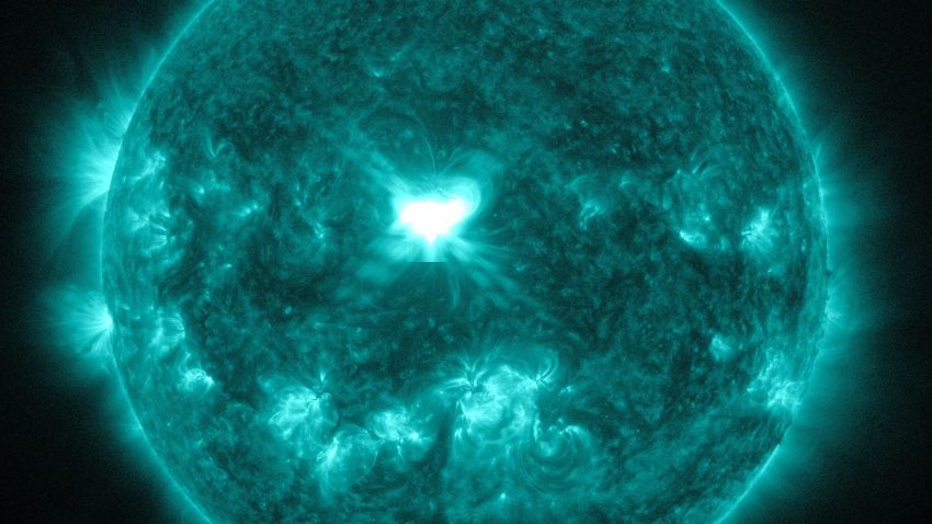 The huge white spot near the center of this picture taken by NASA's Solar Dynamics Observatory shows an X1.6 class solar flare on sun on September 10, 2014. The image shows light in the 131 Angstrom wavelength.