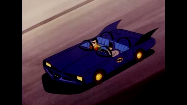 The animated 1973 series "Superfriends" featured Batman riding around in a similar vehicle, this time with sharper wings and a bluish hue. 