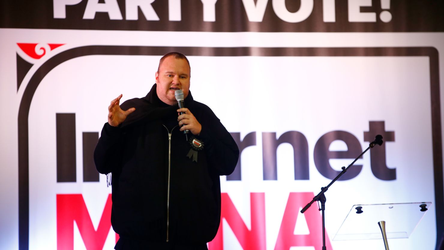 Internet Party founder, Kim Dotcom speaks at the Kelston Community Centre on July 20 in Auckland, New Zealand.