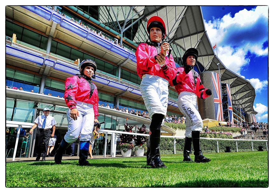 Leading the way for female jockeys: British trailblazer Hayley Turner (right) with Germany's Steffi Hofer (left) and Canadian Emma-Jayne Wilson at Ascot, where they competed in the Girls team at the 2014 Shergar Cup event.