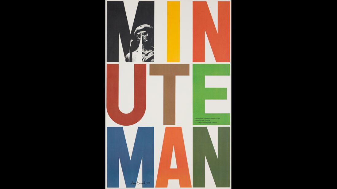 Brooklyn-born Paul Rand, the only non-European being celebrated, was a commercial artist, first and foremost. His bright colors and creative use of type stand out immediately. This poster was created for the Minute Man National Historical in Massachusetts in 1975.