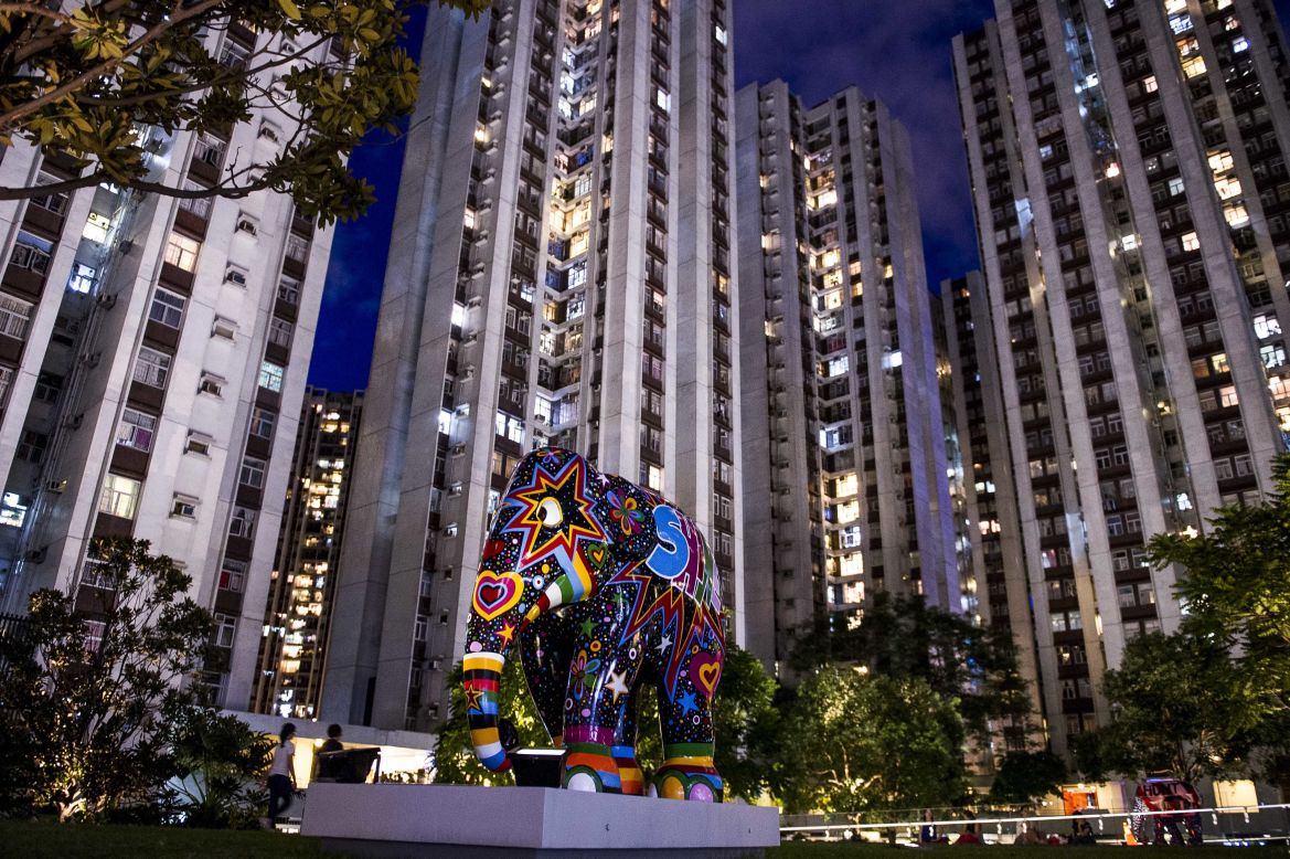 Beyond malls, the elephants can be found in office buildings, outdoor spaces and hotel lobbies. This one -- "Sunny" by Cristiano Cascelli -- sits in a residential area near Hong Kong's City Plaza. 