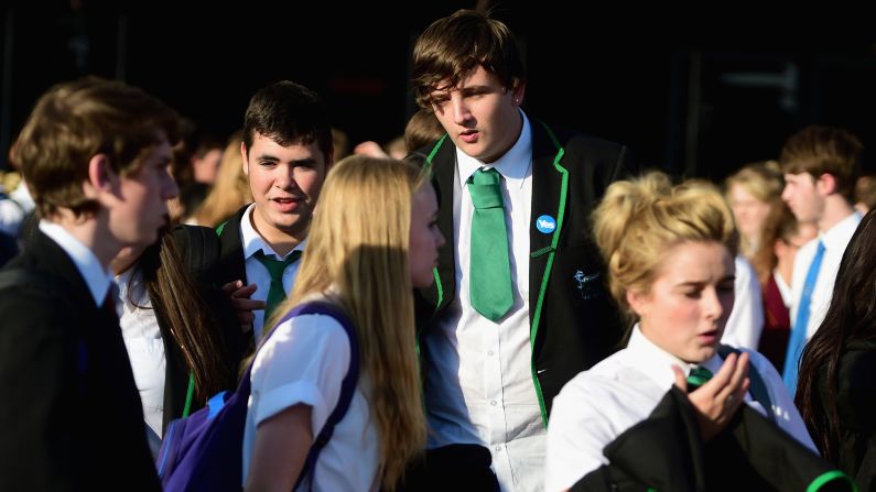 First-time voters who are 16 years old depart BBC's Big, Big Debate in Glasgow on Thursday, September 11. Thousands of young voters from all over Scotland attended the debate, where they got a chance to quiz a panel of politicians on the referendum.