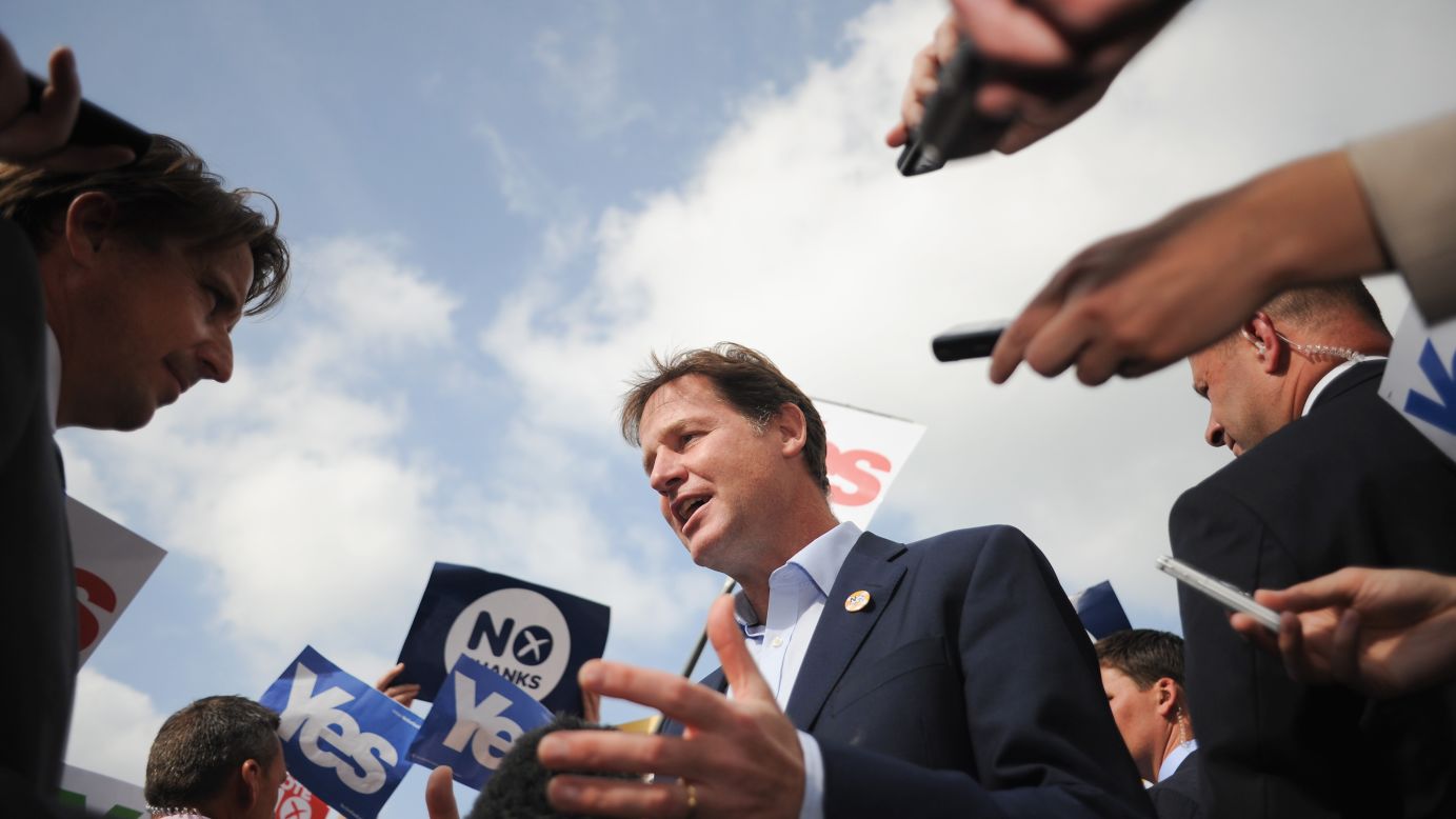 British Deputy Prime Minister Nick Clegg speaks to members of the media in Selkirk, Scotland, on Wednesday, September 10. He and British Prime Minister David Cameron were in Scotland to make the case for voting "no" to independence.