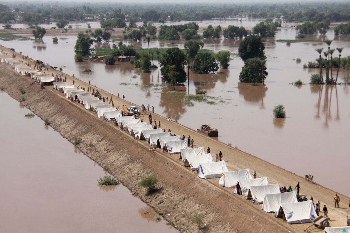 Lines of tents line a narrow strip of land along a flood barrage in southern Punjab as thousands of people look for shelter.