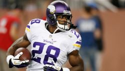 DETROIT, MI - SEPTEMBER 08: Adrian Peterson #28 of the Minnesota Vikings runs the ball during pre game prior to playing the Detroit Lions at Ford Field on September 8, 2013 in Detroit, Michigan. (Photo by Gregory Shamus/Getty Images)