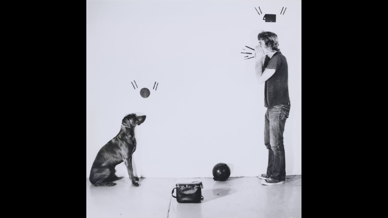 "Ball and Ball Call" (1971) depicts Wegman and his first pet Weimaraner, Man Ray.