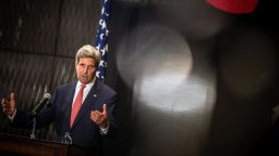 US Secretary of State John Kerry speaks during a joint press conference with Egyptian Foreign Minister Sameh Shoukry (unseen) on September 13, 2014 at the Fairmont Heliopolis Hotel in the capital Cairo. Kerry arrived in Cairo on the latest leg of a regional tour to forge a coalition against Islamic State jihadists in Iraq and Syria.