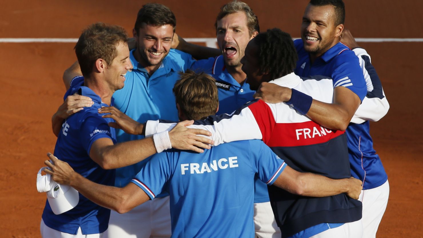 The French Davis Cup team celebrate victory over the Czech Republic at Roland Garros on Saturday.  
