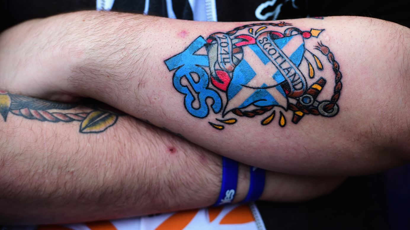 An independence supporter takes part in a march to the BBC Scotland offices in Glasgow on September 14.