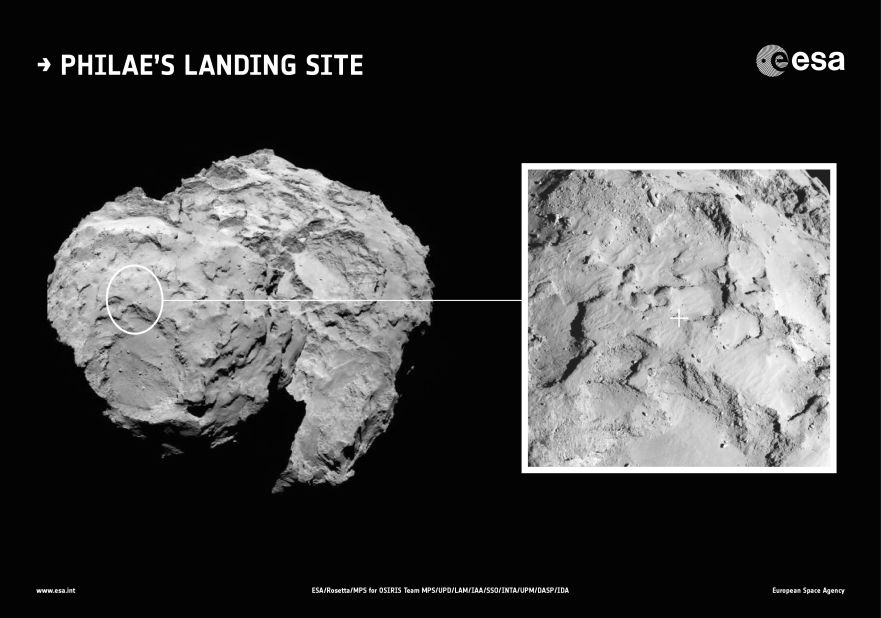 Rosetta took this image of comet 67P/Churyumov-Gerasimenko on September 15, 2014. The box on the right shows where the lander was expected to touch down.