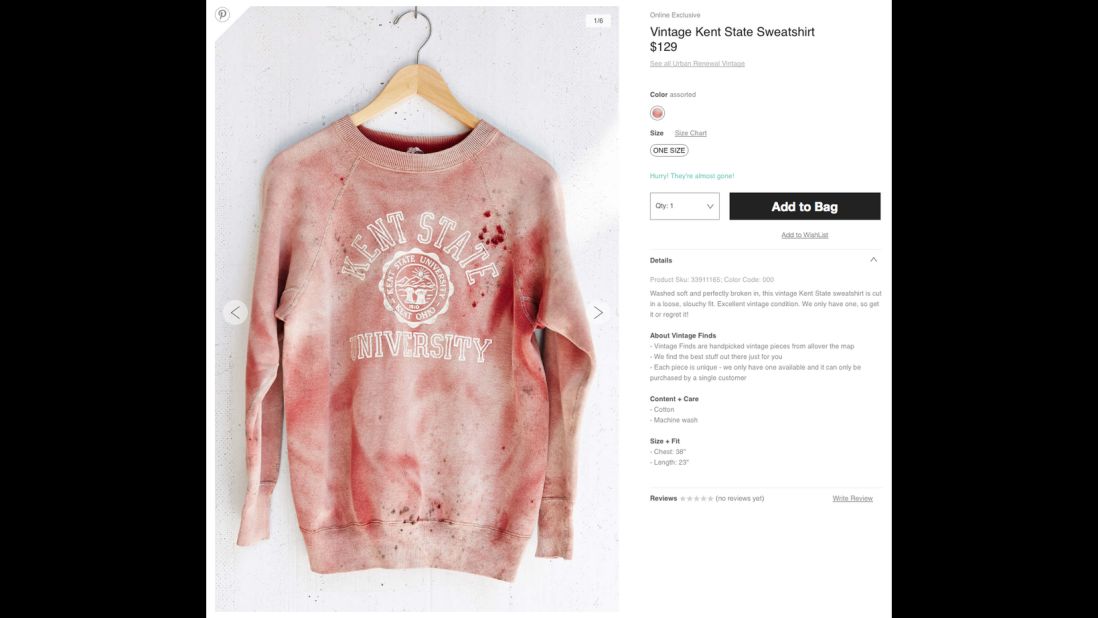 After coming under criticism, Urban Outfitters has <a href="http://money.cnn.com/2014/09/15/news/companies/urban-outfitters-kent-state/">stopped selling</a> a "vintage" Kent State sweatshirt that has what appears to be simulated blood splatter on it. Kent State was the site of a <a href="http://www.cnn.com/2014/05/02/us/gallery/kent-state-shooting/">1970 shooting</a> that left four students dead and nine wounded during a Vietnam War protest. Urban Outfitters <a href="https://twitter.com/UrbanOutfitters/status/511515053791907840" target="_blank" target="_blank">issued an apology</a> via Twitter and said the red stains were not meant to resemble blood.