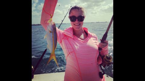 "On my babymoon at six and half months pregnant, I knew I wasn't going to be able to reel in a 200-pound shark. A few of these beautiful yellowtail were just the right size though."
 
