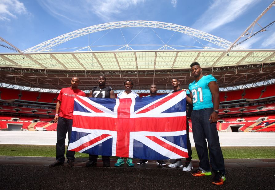 Osi Umenyiora of Atlanta Falcons, Menelik Watson of Oakland Raiders, Brandon Carr of Dallas Cowboys, Stephen Tulloch of Detroit Lions, Will Blackmon of Jacksonville Jaguars and Cameron Wake of Miami Dolphins take to the Wembley pitch to help promote the International Series.