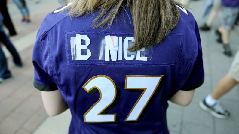 A Baltimore Ravens fan tweaked her Ray Rice jersey to say "B Nice" before the Ravens' home game against the Pittsburgh Steelers on Thursday, September 11. Rice, the Ravens' star running back, was <a href="http://www.cnn.com/2014/09/08/us/ray-rice-new-video/index.html">released by the team</a> and suspended indefinitely by the NFL after video showed him knocking out his then-fiancee — now his wife — back in February.