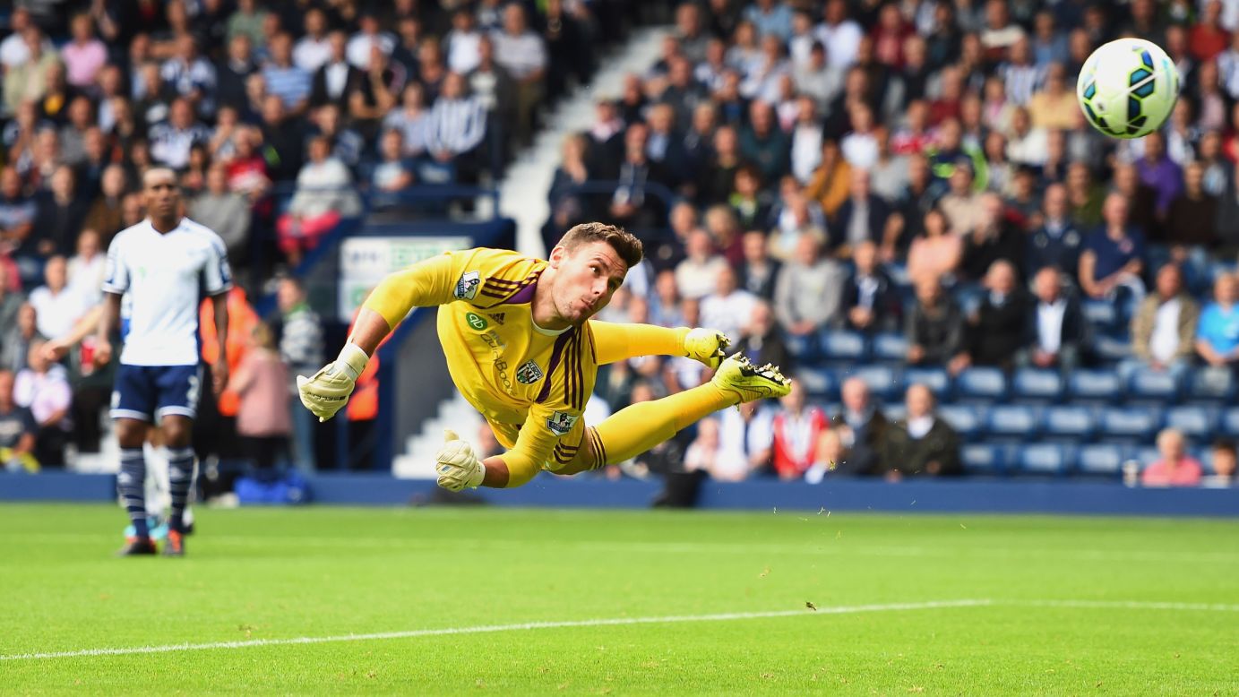 Ben Foster, goalkeeper for the English soccer club West Bromwich Albion, fails to save a shot from Everton's Romelu Lukaku during a Premier League match Saturday, September 13, in West Bromwich, England. Everton defeated West Brom 2-0 for its first league win of the season.
