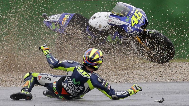 MotoGP rider Valentino Rossi crashes Friday, September 12, during a practice session for the San Marino Grand Prix in Misano Adriatico, Italy. He went on to win the race a few days later.