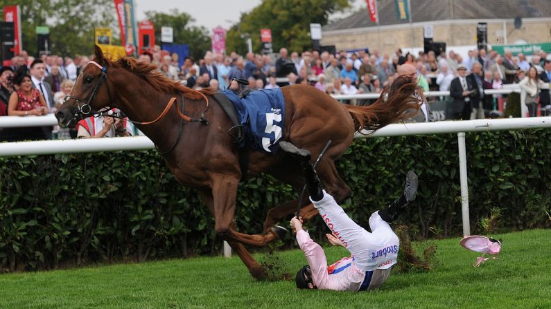 George Baker falls from Cotai Glory as they were about to win a race Friday, September 12, in Doncaster, England. Baker was not hurt.