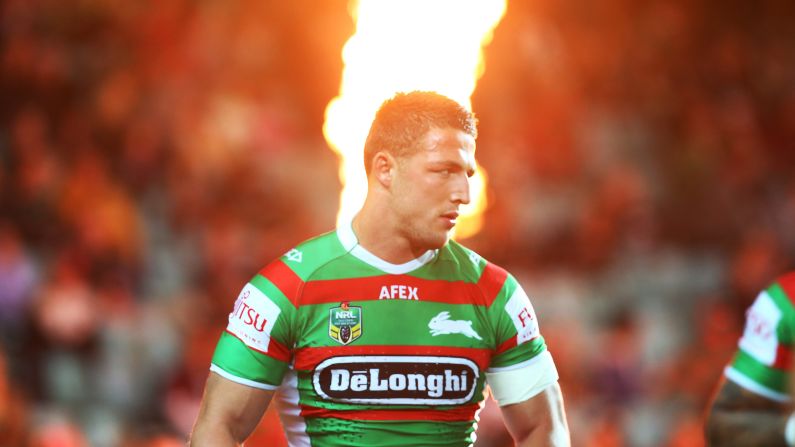 Sam Burgess of the South Sydney Rabbitohs warms up before a National Rugby League match Friday, September 12, against the Manly-Warringah Sea Eagles. South Sydney won 40-24 to advance to the league's preliminary finals.