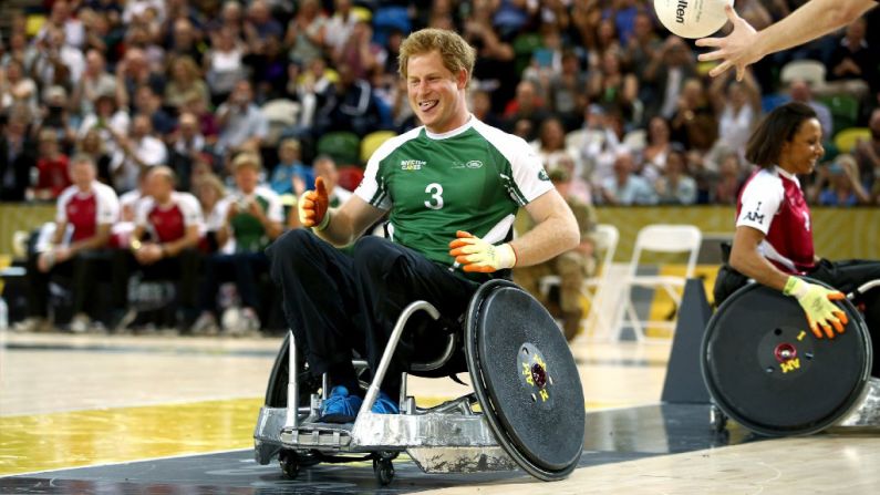 Britain's Prince Harry scores a try during a wheelchair rugby match Friday, September 12, at the Invictus Games in London. The Invictus Games are the brainchild of Prince Harry, inspired in part by the U.S. Warrior Games held in Colorado.