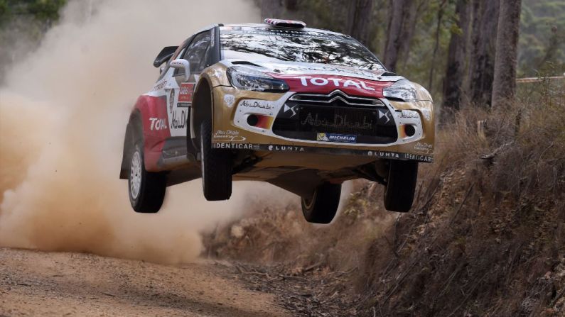 A Citroen car driven by Kris Meeke catches some air during a race at the World Rally Championship of Australia on Friday, September 12. 