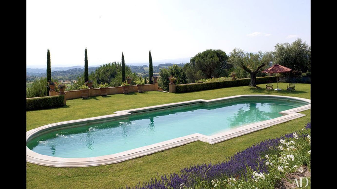 At Sting and Trudie Styler's Tuscan estate, the pool overlooks the Valdarno Superiore valley.<br /><br />For more celebrity swimming pools, head to <a href="http://www.architecturaldigest.com/celebrity-homes/2014/celebrity-swimming-pools-slideshow_slideshow?mbid=synd_cnnstyle" target="_blank" target="_blank">Architectural Digest</a>. 
