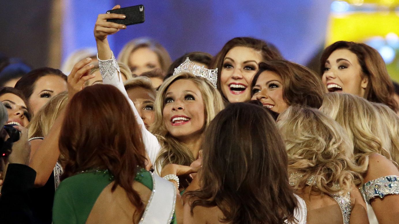Kira Kazantsev takes a selfie with her fellow competitors after winning the Miss America pageant Sunday, September 14, in Atlantic City, New Jersey. It was the third straight year that Miss New York has been crowned Miss America.